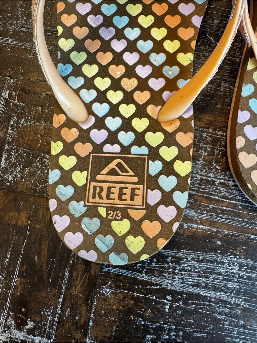 Reef Kids Flip Flops in Multicolor Heart Print with Pink Glitter Straps